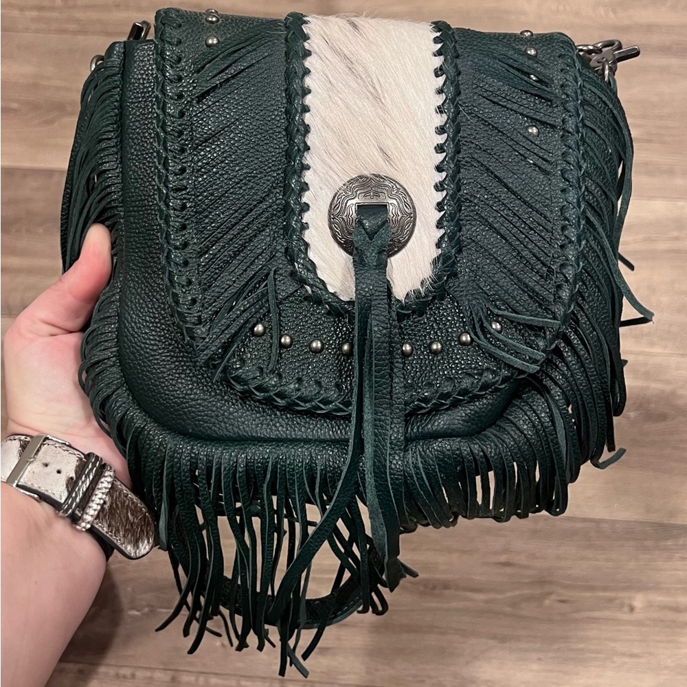 Montana West Dark Green and White Fringed Crossbody Bag